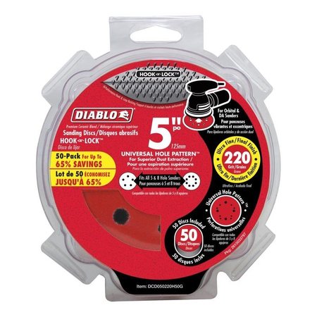 DIABLO 5 in. Ceramic Blend Hook and Lock Sanding Disc 220 Grit Ultra Fine 50 pk DCD050220H50G
